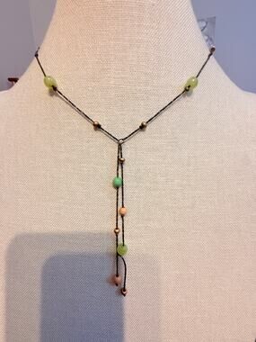 Vintage 16” Green Glass Bead Lariat Necklace Boho